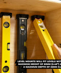 Universal Level Holder 2 Pack Locking Level Mounts Fits All Brands Level Hanger For Quick Easy Install And Secure No Slip Setup Pro Grade Quality Made In The UK, displaying yellow and black levels in wooden cabinet