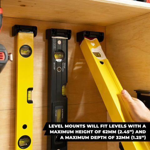 Universal Level Holder 2 Pack Locking Level Mounts Fits All Brands Level Hanger For Quick Easy Install And Secure No Slip Setup Pro Grade Quality Made In The UK, displaying yellow and black levels in wooden cabinet