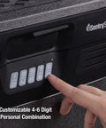 Close-up of a Charcoal Gray Waterproof And Fireproof Safe With Digital Keypad Lock Box For Documents And Hanging File Folders.