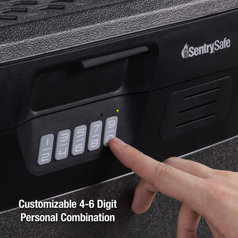 Close-up of a Charcoal Gray Waterproof And Fireproof Safe With Digital Keypad Lock Box For Documents And Hanging File Folders.