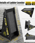 Extension Ladder Leveler With Storage, No Slip Stabilizer for Uneven Surfaces, black finish, detail measurements on roof.