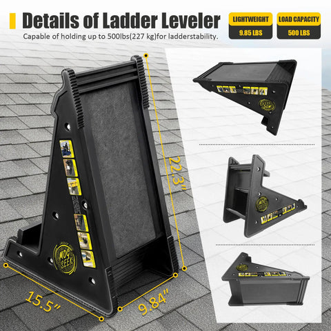 Extension Ladder Leveler With Storage, No Slip Stabilizer for Uneven Surfaces, black finish, detail measurements on roof.