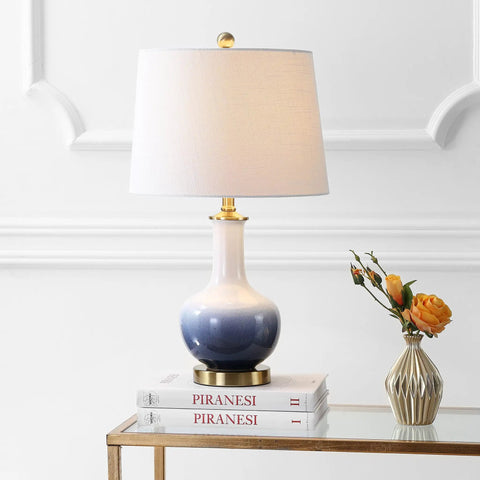 Gradient 25 Inch Ceramic And Brass LED Table Lamp For Bedroom Living Room Office And College Desk Nightstand Accent Light