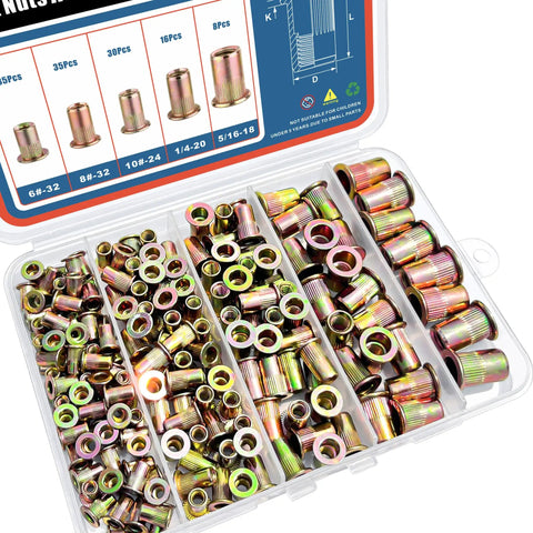 Ultimate 124-Piece SAE UNC Rivet Nut Assortment Kit: Zinc Plated Carbon Steel Threaded Inserts and Nutserts in Sizes 6-32 to 5/16-18