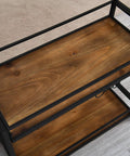 Top view of Prime Rolling Industrial Bar Cart With Heavy Duty Dual Tier Shelves And Rustic Wood Metal Build for kitchen wine storage.
