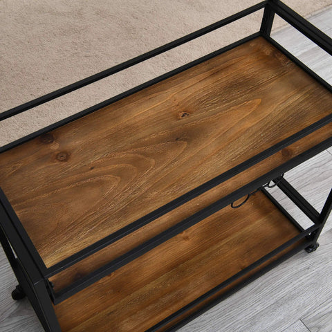 Top view of Prime Rolling Industrial Bar Cart With Heavy Duty Dual Tier Shelves And Rustic Wood Metal Build for kitchen wine storage.
