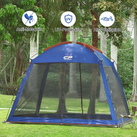 Front view of 10 By 10 Feet Screen House For Patios And Backyard Hangouts, 86 Inch Center Height, UV Resistant 190T Polyester, Mesh Wall