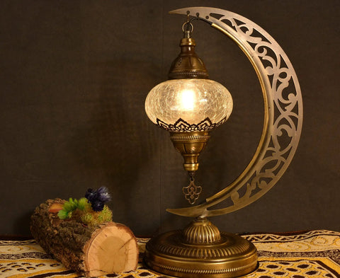 Turkish Clear Glass Moon Shape Table Lamp, Vintage Crescent Boho Chic Desk Light For Rustic Living Rooms with bronze base