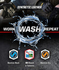 Material4X Original Work Gloves for Heavy Duty Protection with Abrasion Resistant Synthetic Leather shown with washing symbols