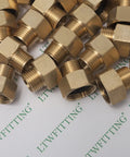 Brass Garden Hose Adapter Three Quarter Inch FHT To One Half Inch MIP Hose Fittings For Water Air Oil Lines Pack Of 200 Durable Easy To Install Perfect For DIY Yard Projects, multiple adapters on display.