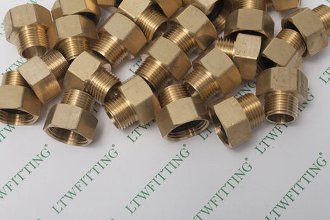 Brass Garden Hose Adapter Three Quarter Inch FHT To One Half Inch MIP Hose Fittings For Water Air Oil Lines Pack Of 200 Durable Easy To Install Perfect For DIY Yard Projects, multiple adapters on display.