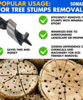 One Half Inch By Eight Inch Auger Drill Bit With Quick Change Three Eighths Inch Hex Shank For Wood Plastic Drywall And Composite Materials Long Reach For Soft And Hard Woods By SOMADA, shown with tree stump removal features.