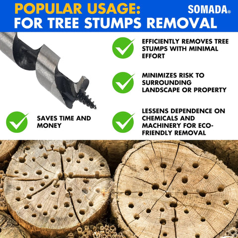One Half Inch By Eight Inch Auger Drill Bit With Quick Change Three Eighths Inch Hex Shank For Wood Plastic Drywall And Composite Materials Long Reach For Soft And Hard Woods By SOMADA, shown with tree stump removal features.