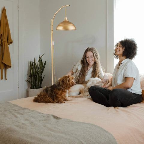 Dope Industrial Floor Lamp With Gold Finish For Rustic Farmhouse Style Arc Standing Lamp in living room with two people and dogs