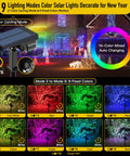 Color Changing Solar Outdoor Spotlights With 9 Lighting Modes And 40 LED Multicolor Lights IP65 Waterproof Garden Pathway Lamps 360 Degree Adjustable Color For Halloween And Christmas Decor shown with 9 color options illuminating trees and house.