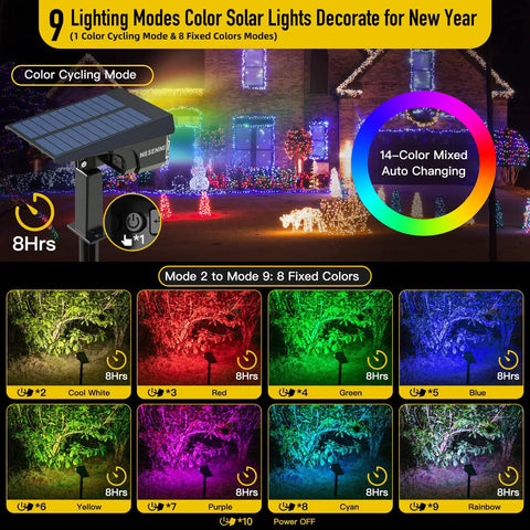 Color Changing Solar Outdoor Spotlights With 9 Lighting Modes And 40 LED Multicolor Lights IP65 Waterproof Garden Pathway Lamps 360 Degree Adjustable Color For Halloween And Christmas Decor shown with 9 color options illuminating trees and house.