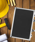 Hella Sturdy Aluminum Alloy Tool Storage Case With Reinforced Carry Handle And Lockable Portable Gear Box Organizer for tools on a wooden surface.