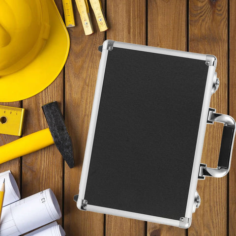 Hella Sturdy Aluminum Alloy Tool Storage Case With Reinforced Carry Handle And Lockable Portable Gear Box Organizer for tools on a wooden surface.