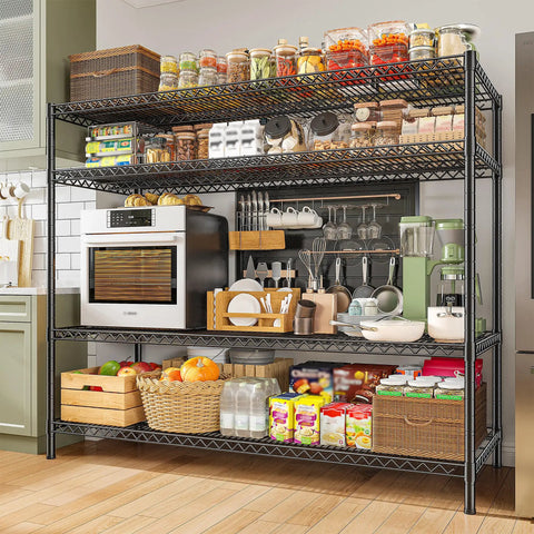 Heavy Duty Garage Shelving Unit with 4 Tier Adjustable Wire Shelves 2560 Lbs Capacity 55.5 Inch Wide Industrial Storage Rack for Home Shop and Commercial Use in kitchen, black steel frame with pantry items