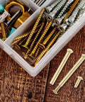 10 Piece Foldable Fan Rivets Golden Steel Fastener Kit for Easy Shaft Replacement and Home Fan Repairs, Includes Clear Installation Guide, Durable Rivets Pins Nails and Fasteners for Quick No Sweat Fixes. Golden steel fan rivets and pins in a plastic organizer