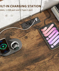 Close-up of USB charging station on 55 Inch Farmhouse Style Computer Desk With Drawers And File Cabinet Built In USB Charging Station White Finish Two Look Black Handle Hardware Cable Management Hole Spacious All In One Home Office Desk
