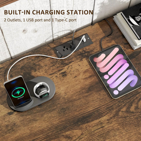 Close-up of USB charging station on 55 Inch Farmhouse Style Computer Desk With Drawers And File Cabinet Built In USB Charging Station White Finish Two Look Black Handle Hardware Cable Management Hole Spacious All In One Home Office Desk
