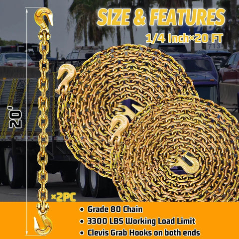 G80 Tow Chain One Quarter Inch By Twenty Foot Log Chain With G70 Clevis Grab Hooks, 2-pack coiled, 3300 lbs WLL
