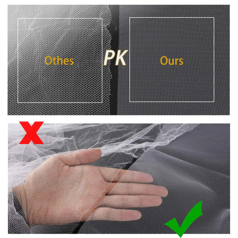Comparison of window mosquito nets showing transparency contrast and a hand demonstrating mesh texture of 2 Pack Mosquito Net For Windows Upgrade Fly Window Screen Mesh Insect Netting 1.5m x 2m Bug Bee Protector With 3 Rolls Self Adhesive Tapes 10mm Wide White