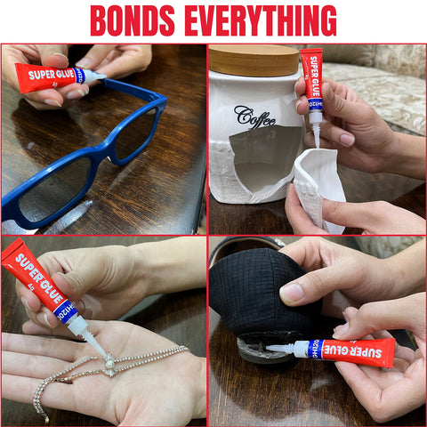 8 Pack 4 Gram Super Glue With Anti Clog Cap used on glasses, ceramic, jewelry, and fabric for bonding.