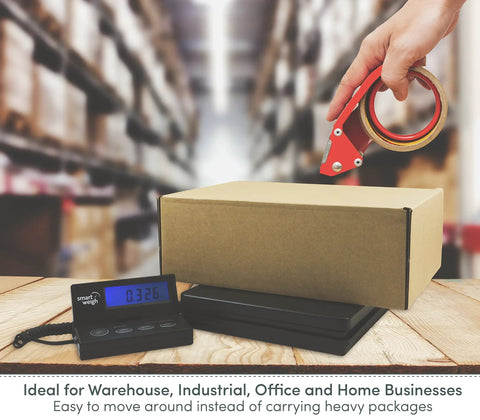 Digital Postal Shipping Scale That Crushes It 110 Lb 50 Kg To 0.1 Oz 2 G Precision with box and tape in warehouse setting