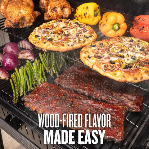 Woodridge Pro Electric Wood Pellet Grill And Smoker With pizzas, vegetables, and ribs showing wood-fired cooking results.