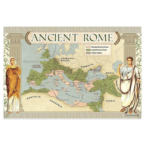 Ancient Rome map with senatorial, imperial provinces, and client states, part of Six Poster Set Of Ancient Civilizations For Social Studies Classrooms, 12 By 18 Inch Posters For K Through 12 Teachers And Students, Featuring Ancient Egypt, Mesopotamia, Ancient Rome, Ancient Greece, Ancient China, And Mesoamerica, Made In USA.