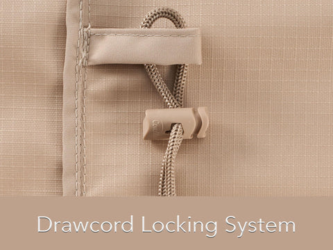 Close-up of drawcord locking system on Ultima Square Ottoman Cover Heavy Duty 600D Polyester Weather Resistant 24W X 24D X 18H Ripstop Tan.