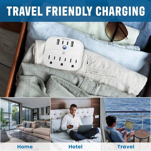 Non Surge Cruise Power Strip With Two USB C Ports, Two USB A Ports, And Three AC Outlets, Cruise Ship Compliant For Carnival, in a drawer with travel items