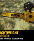 Close-up of 20V Max Cordless Chainsaw Kit with 12-inch low kickback bar and brushless motor for smooth outdoor cutting.