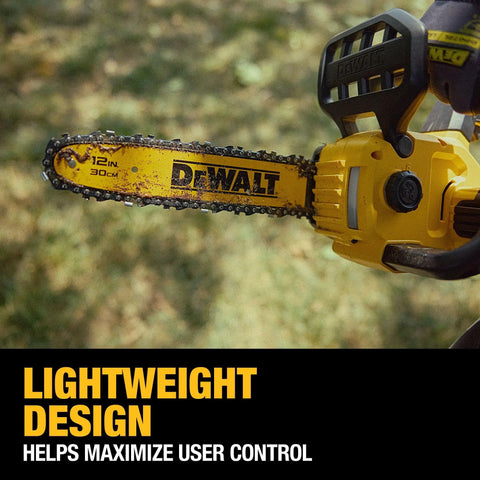 Close-up of 20V Max Cordless Chainsaw Kit with 12-inch low kickback bar and brushless motor for smooth outdoor cutting.