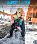 SDS-Plus hammer drill in blue/black with corded power on a construction site.