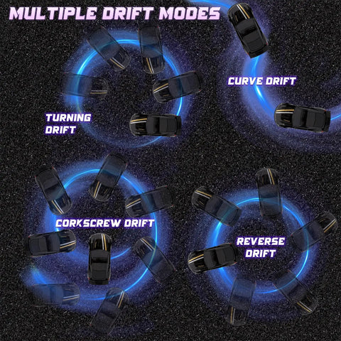 Image showcasing multiple drift modes of Mini RC Drift Car One Sixty Fourth Scale With LED Lights And Dual Speed Modes Two Point Four GHz.
