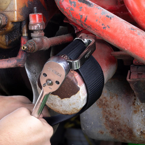 Oil Filter Strap Wrench 27 Inch Heavy Duty Nylon Tool For Oversized Filters Over 8 Inches Dual Drive Compatible With 3/8 And 1/2 Inch Drive Tools No Slip Grip For Stubborn Filters in use on engine oil filter