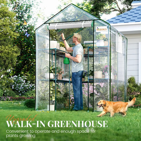 Walk In Outdoor Greenhouse With Thickened Cover And Reinforced Frame, Screen Windows And Mesh Door, 56 By 56 By 77 Inches, Three Tiers And Fourteen Shelves For Seedlings, Easy Access For Gardeners