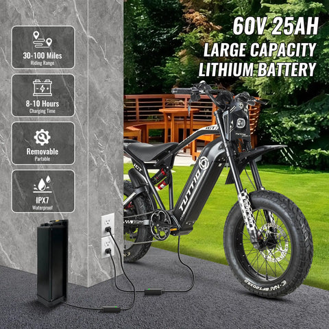 Robust Electric Dirt Bike Duo For Teens And Adults With Full Suspension Powerful Motors Crafted To Rip Through Gnarly Mountain Paths Snow Drifts Or Rough Off Road Trails Right Now featuring a large capacity 60V 25Ah lithium battery.