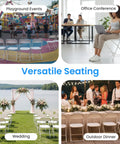 Ten Pack Plastic Folding Chairs With Metal Frame Foldable And Stackable Portable 330 Lb Capacity Perfect For Wedding Party Picnic Office Indoor Outdoor Dining White shown in various event settings