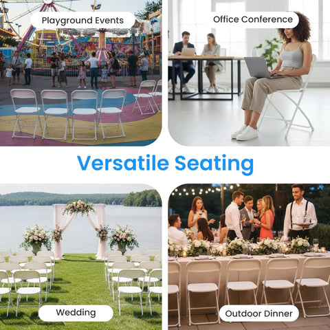 Ten Pack Plastic Folding Chairs With Metal Frame Foldable And Stackable Portable 330 Lb Capacity Perfect For Wedding Party Picnic Office Indoor Outdoor Dining White shown in various event settings