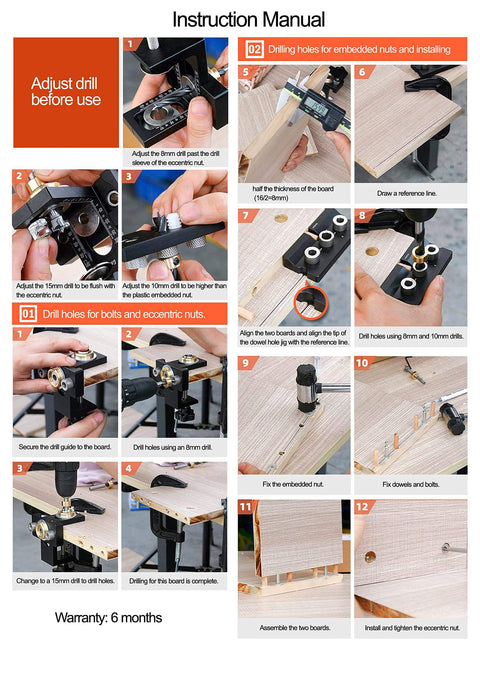 Instruction manual for 3 In 1 Doweling Jig Drill Kit With Adjustable Guide For Woodworking Pocket Holes And Embedded Nuts Bolts And Eccentric Nuts Includes 8mm 10mm And 15mm Bits For Quick Accurate Dowel Joins And Easy Setup Pro Grade Quality.