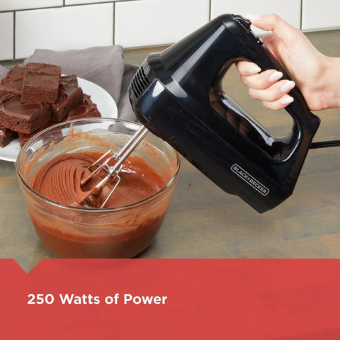 Close-up of a Six Speed Easy Storage Hand Mixer With Five Attachments And Case No Fuss Cleanup Lightweight Ergonomic Design in use