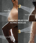EVERSTEIN 12" Rainfall Shower System with Handheld Spray, Brushed Gold targeting upper back, neck, lower back, and calf muscles.