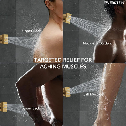 EVERSTEIN 12" Rainfall Shower System with Handheld Spray, Brushed Gold targeting upper back, neck, lower back, and calf muscles.