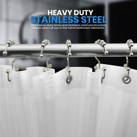 Double Glide Shower Curtain Hooks Set Of 12 Stainless Steel Rust Proof Nickel Finish rings on rod with white shower curtain
