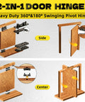 Diagram of Hidden Door Hinge With 360 Degree Pivot, heavy-duty stainless steel, showing side and center views with rotation angles.