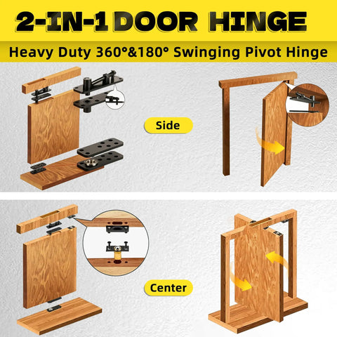 Diagram of Hidden Door Hinge With 360 Degree Pivot, heavy-duty stainless steel, showing side and center views with rotation angles.